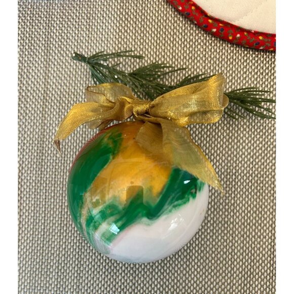 Vintage Reverse Painted Christmas Ball Ornament Red Green Gold Bow - Picture 3 of 4